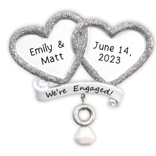 We're Engaged Hearts with Ring Personalized Christmas Ornament - Tree Gift Customized - Engaged Couple - personalized